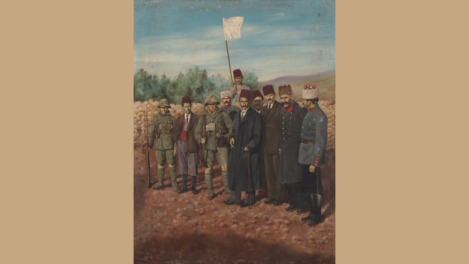 حسين أفندي الحسيني يسلم العلم الأبيض إلى جنود بريطانيين